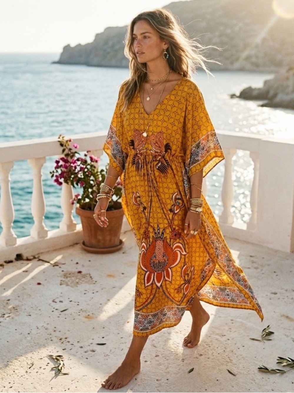 Boho Batik Print Kaftan Maxi Dress Mustard Orange Resort Wear One Size